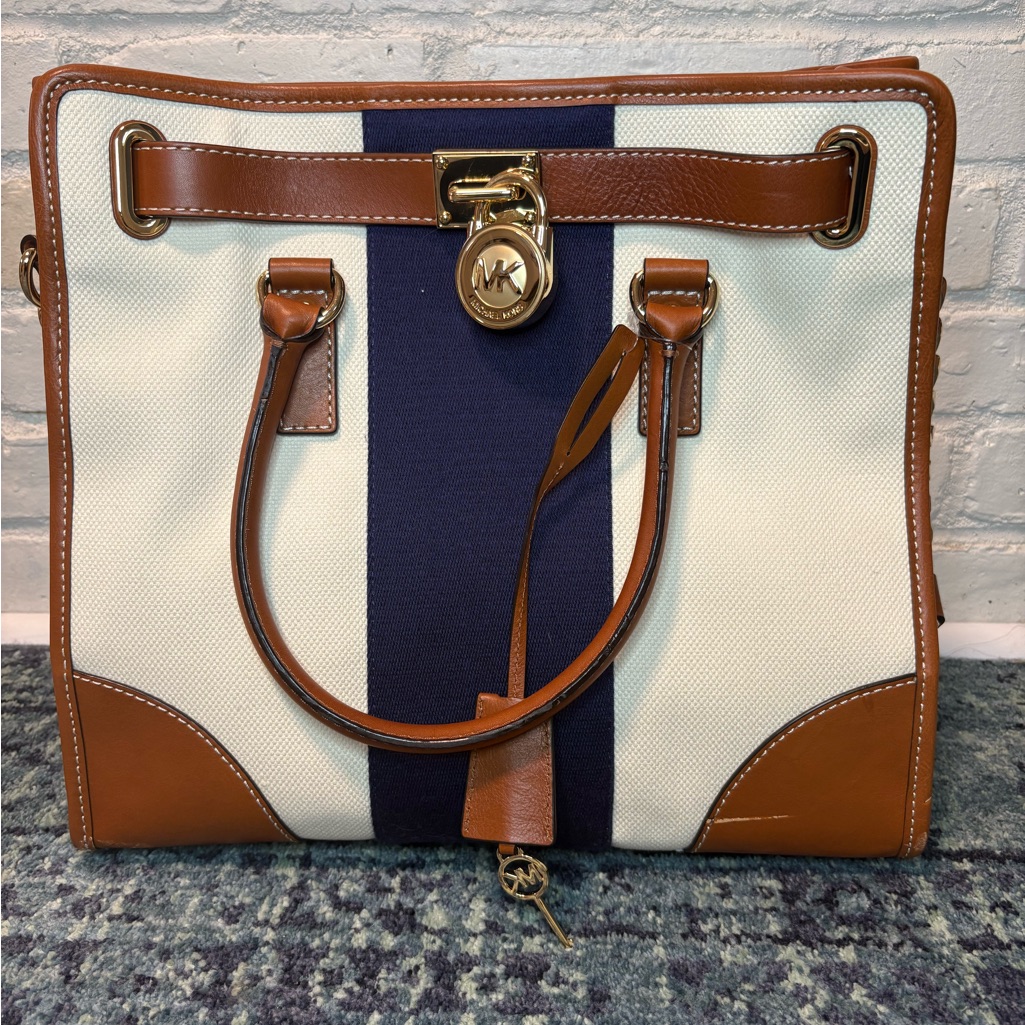 Michael Kors Navy & Cream Canvas Tote With Brown Leather Trim